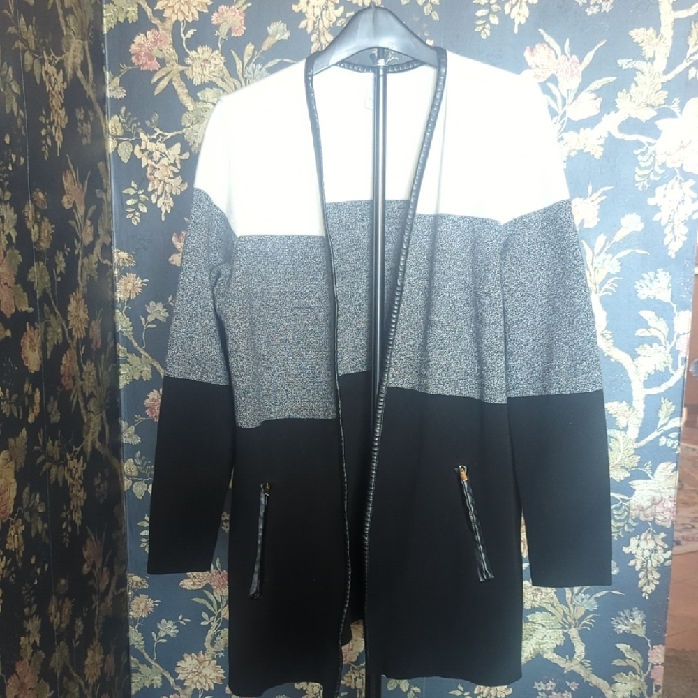 Charter Club Colorblock Open Front Cardigan With Faux Leather Embellishments M